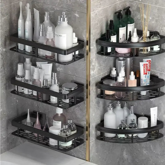 No-Drill Corner Bathroom Shelf – Wall-Mounted Shower Storage Rack