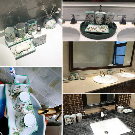 Floral Ceramic Bathroom Set – Toothbrush Holder, Cup & Lotion Bottle
