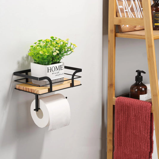 Rustic Farmhouse Bathroom Shelf – Wood & Black Metal Decor