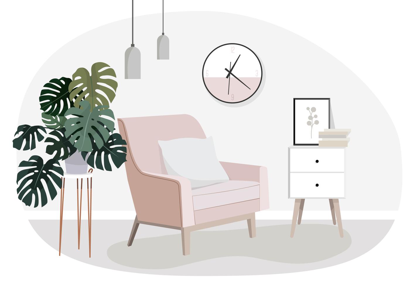 Modern living room with pink armchair, white cabinet, and decorative plants.